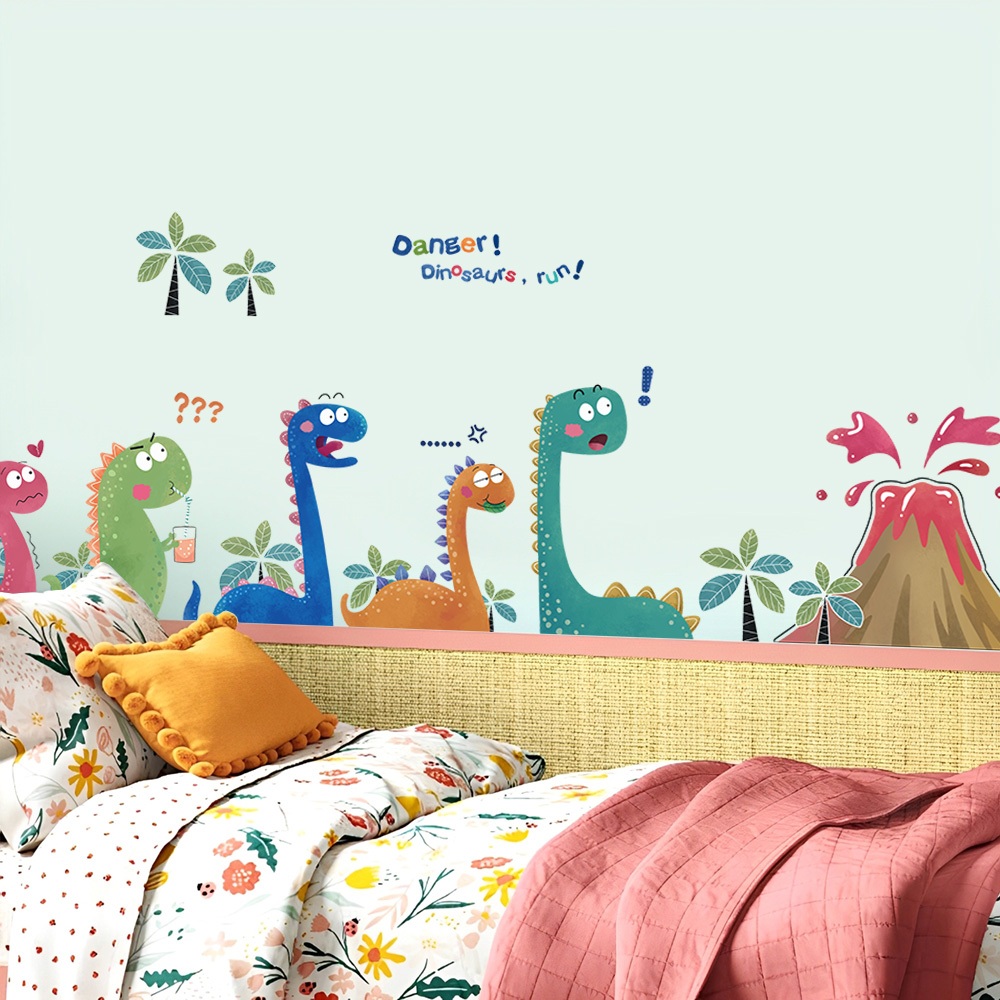 Decal Dán Tường Đàn Khủng Long Và Núi Lửa Ngộ Nghĩnh Có Keo Sẵn 199x44cm - Trang Trí Phòng Ngủ Bé