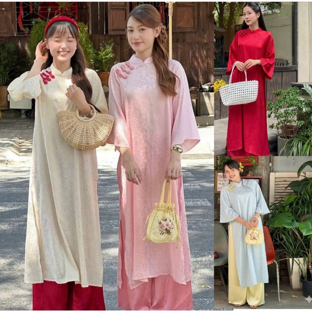 Set quần ống rộng có khóa mặc Tết lễ pastel trẻ T1447G + Áo dài cách tân suông cổ cao tay lỡ lụa gấm hoa phối khuy vải