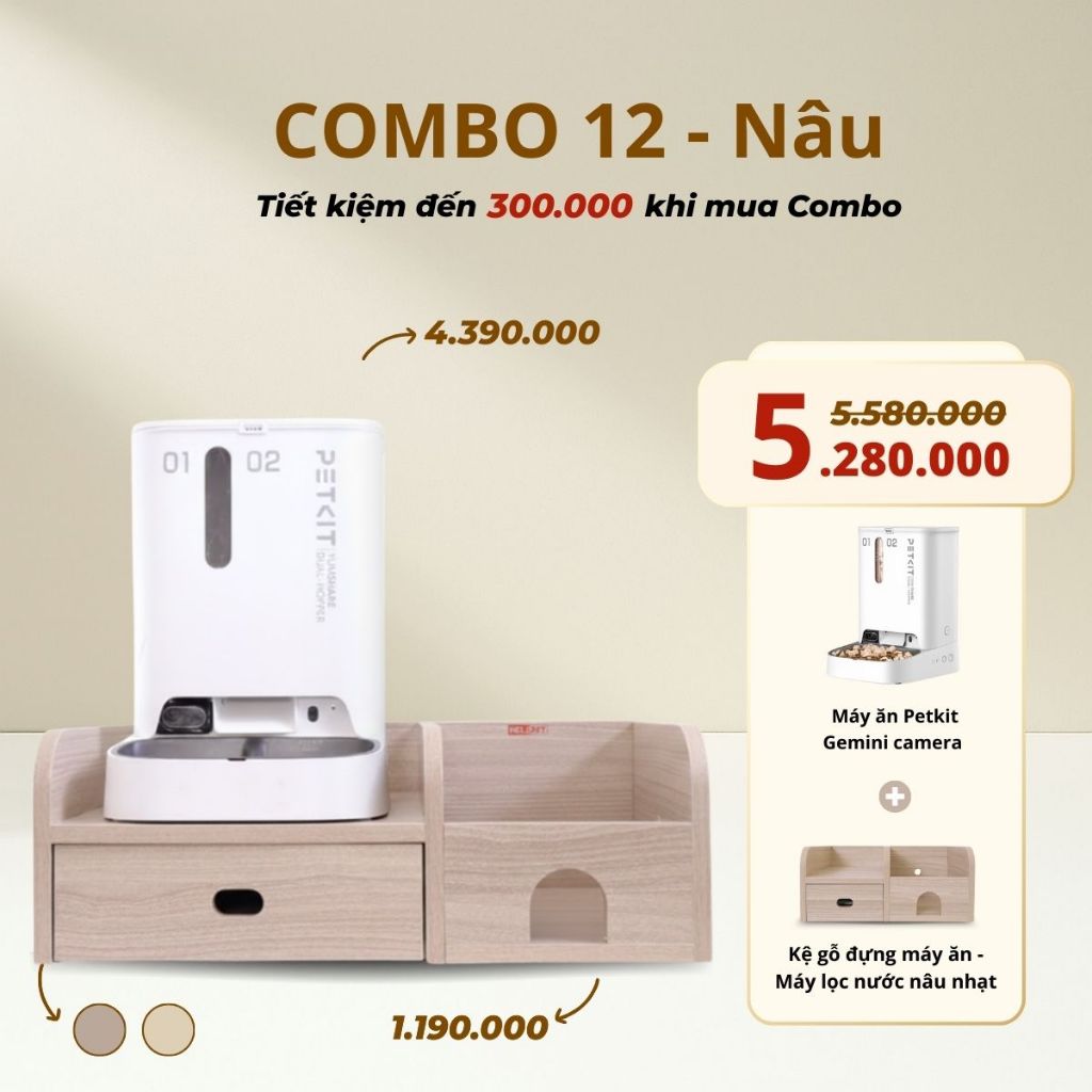 Combo Kệ Gỗ + Máy Ăn Tự Động Dành Cho Mèo Petkit Tiện Lợi