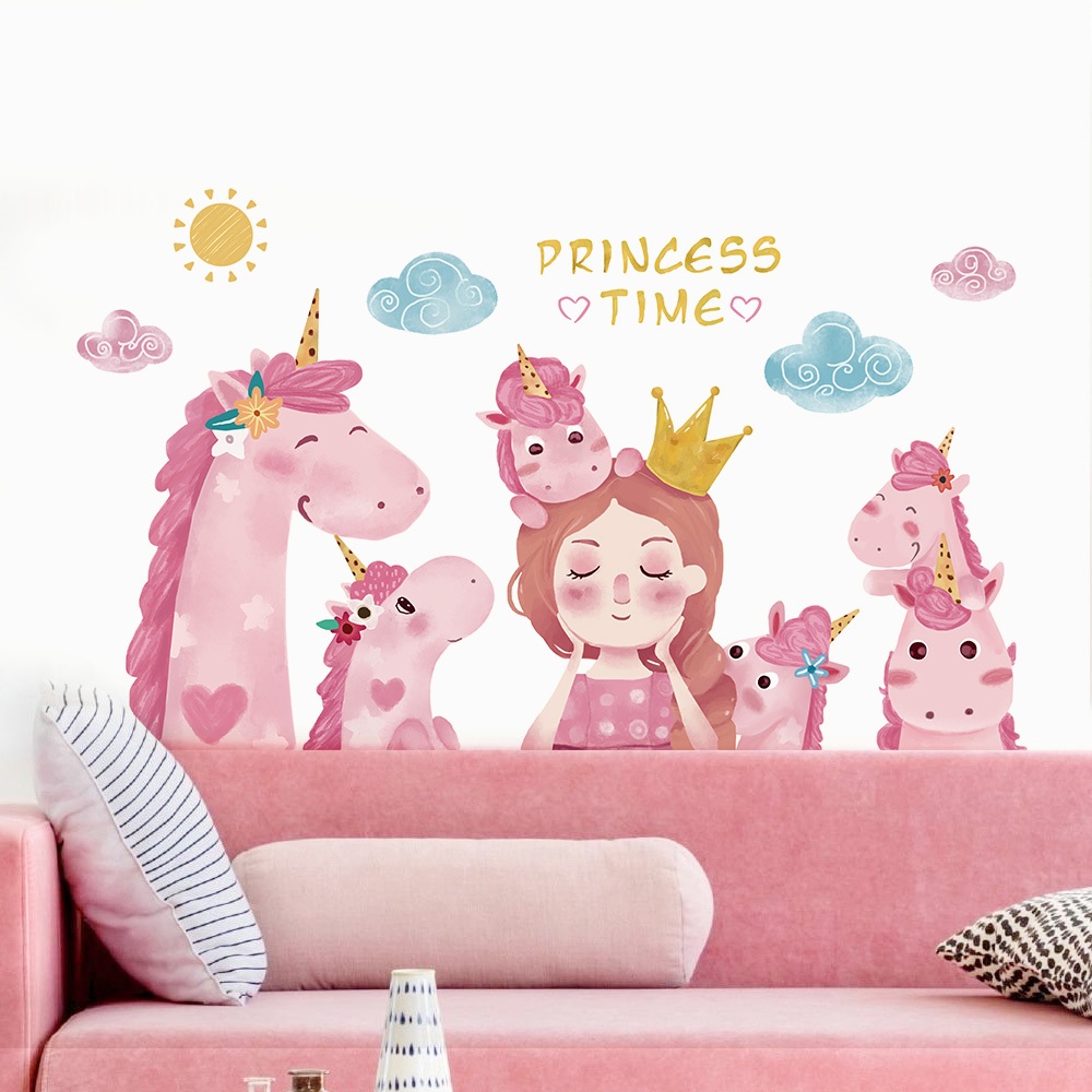 Decal Dán Tường Công Chúa Và Kì Lân Màu Hồng Pastel Có Keo Sẵn 71x42cm - Trang Trí Phòng Cho Bé