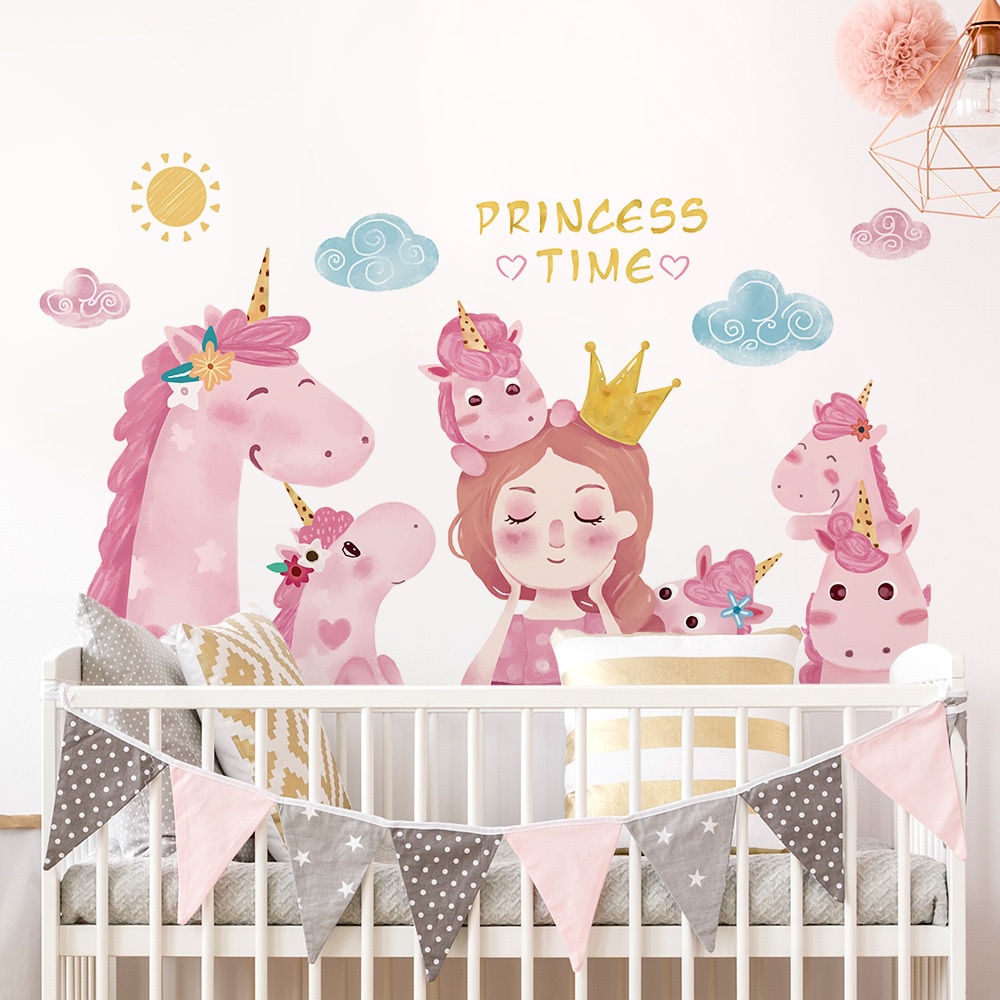 Decal Dán Tường Công Chúa Và Kì Lân Màu Hồng Pastel Có Keo Sẵn 71x42cm - Trang Trí Phòng Cho Bé