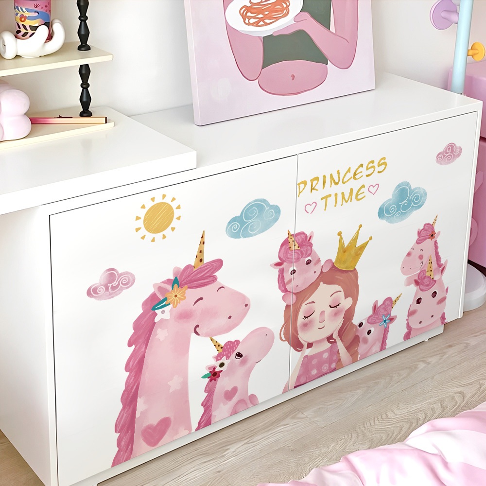 Decal Dán Tường Công Chúa Và Kì Lân Màu Hồng Pastel Có Keo Sẵn 71x42cm - Trang Trí Phòng Cho Bé