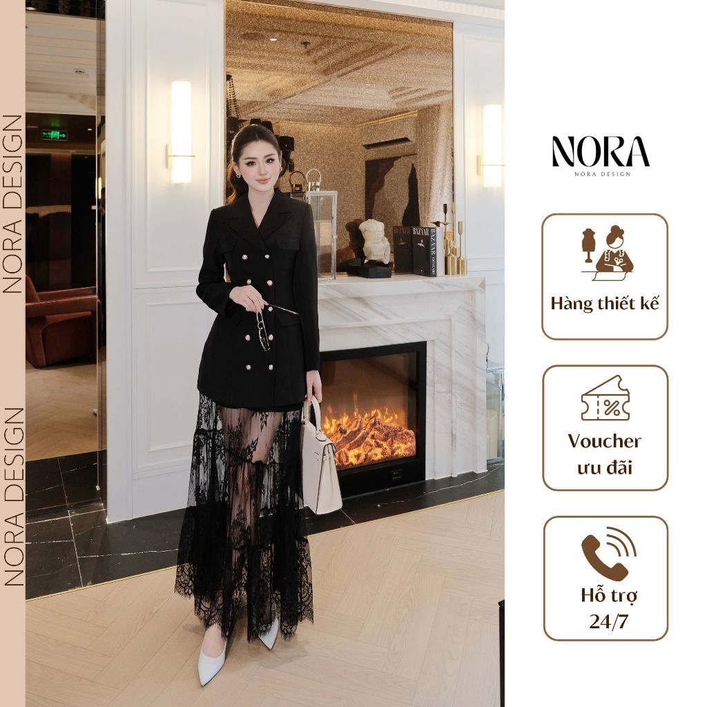 Set Đồ Dự Tiệc Cao Cấp NORA, Thiết Kế Áo Dạ Blazer Dáng Dài Phối Chân Váy Ren Sang Trọng S1003