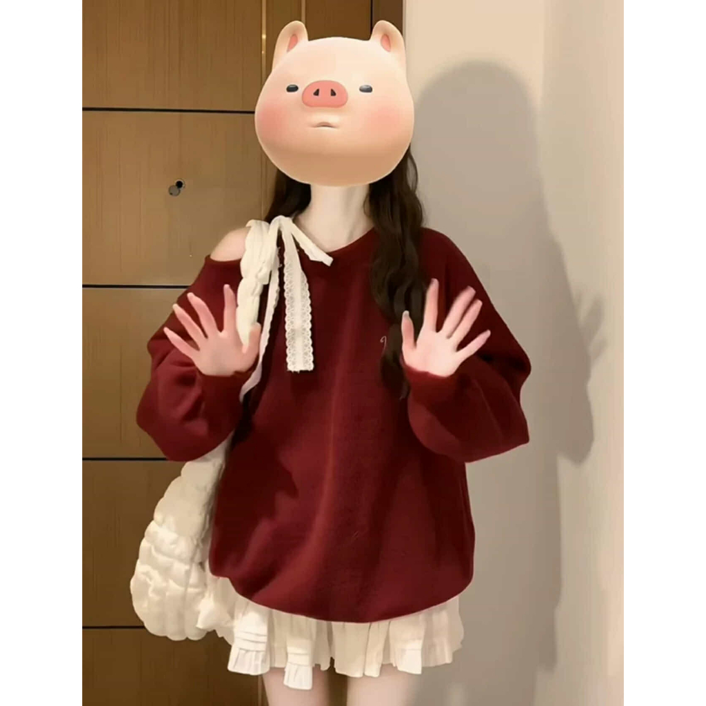 Set áo sweater Bộ đồ chơi Noel T726G khoét vai thắt dây nơ đỏ form rộng chân váy ngắn trắng xòe tầng có quần trong