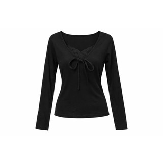 Áo Dài Tay Nữ Ren Nơ Ngực Cổ V Chất Vải Thun WDT016