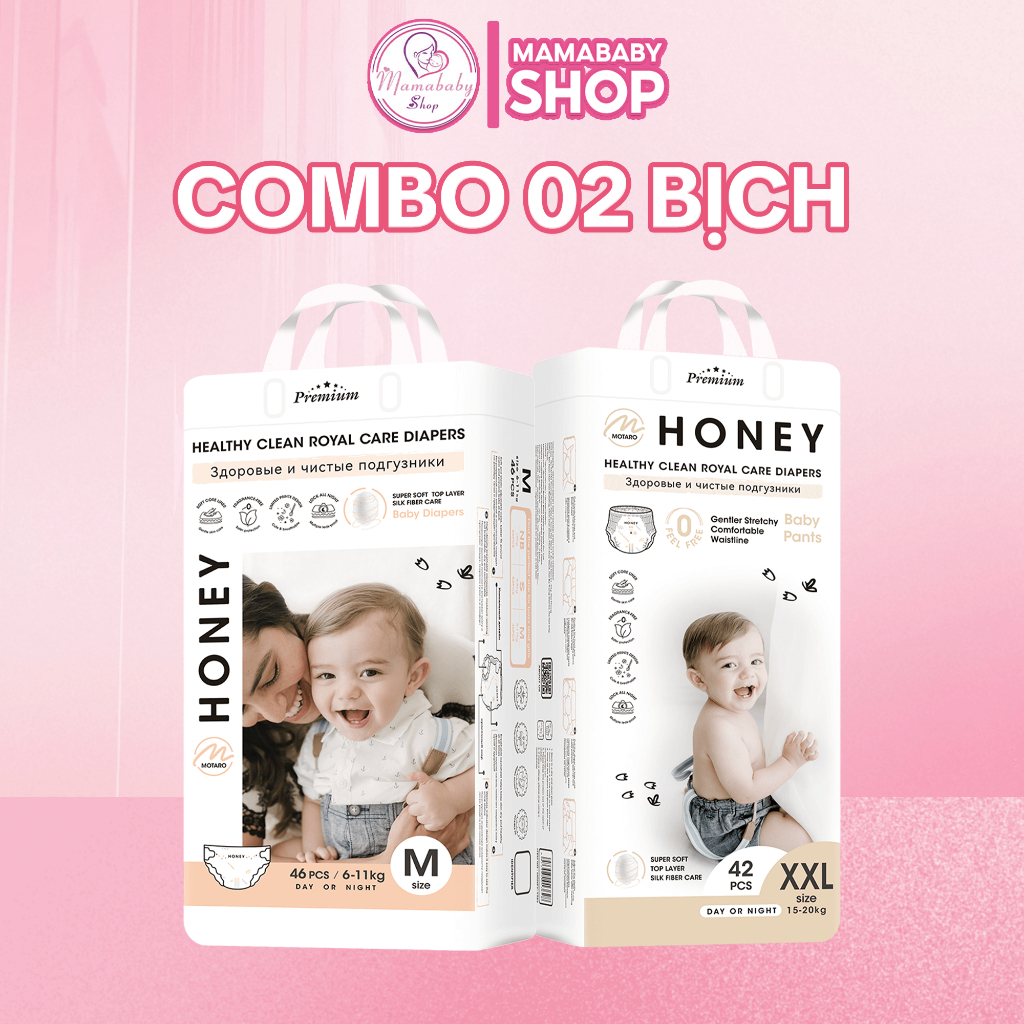 (Combo 2 Bịch Bỉm Honey Premium) Bỉm Quần Tã Dán Honey Mẫu Mới, Full Size NB - 4XL Công Nghệ Hiện Đại