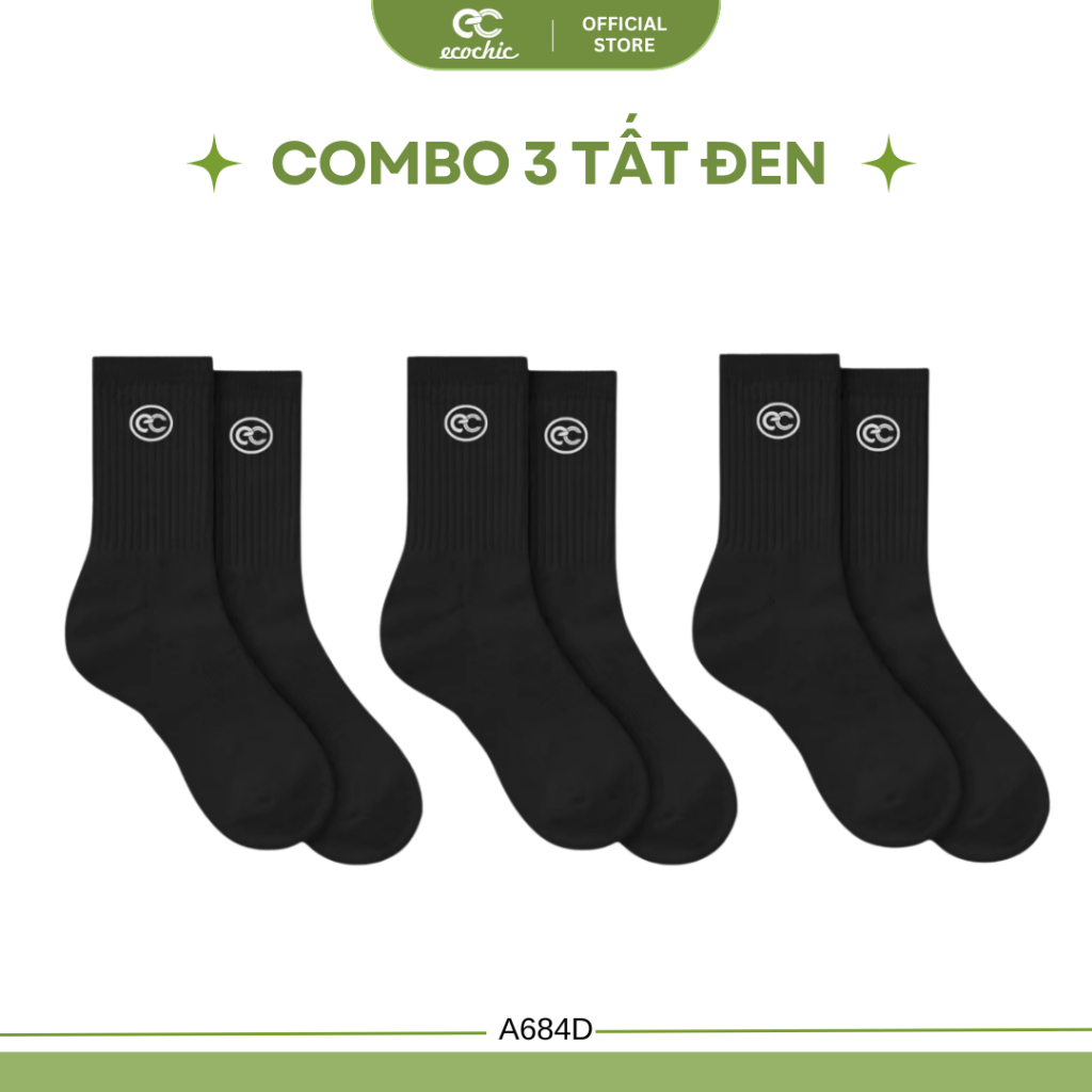 Combo 3 Tất Cao Cổ ECOCHIC Vớ Dệt Kim Siêu Bền Logo Thêu Chất Liêu Cao Cấp Chính Hãng A684