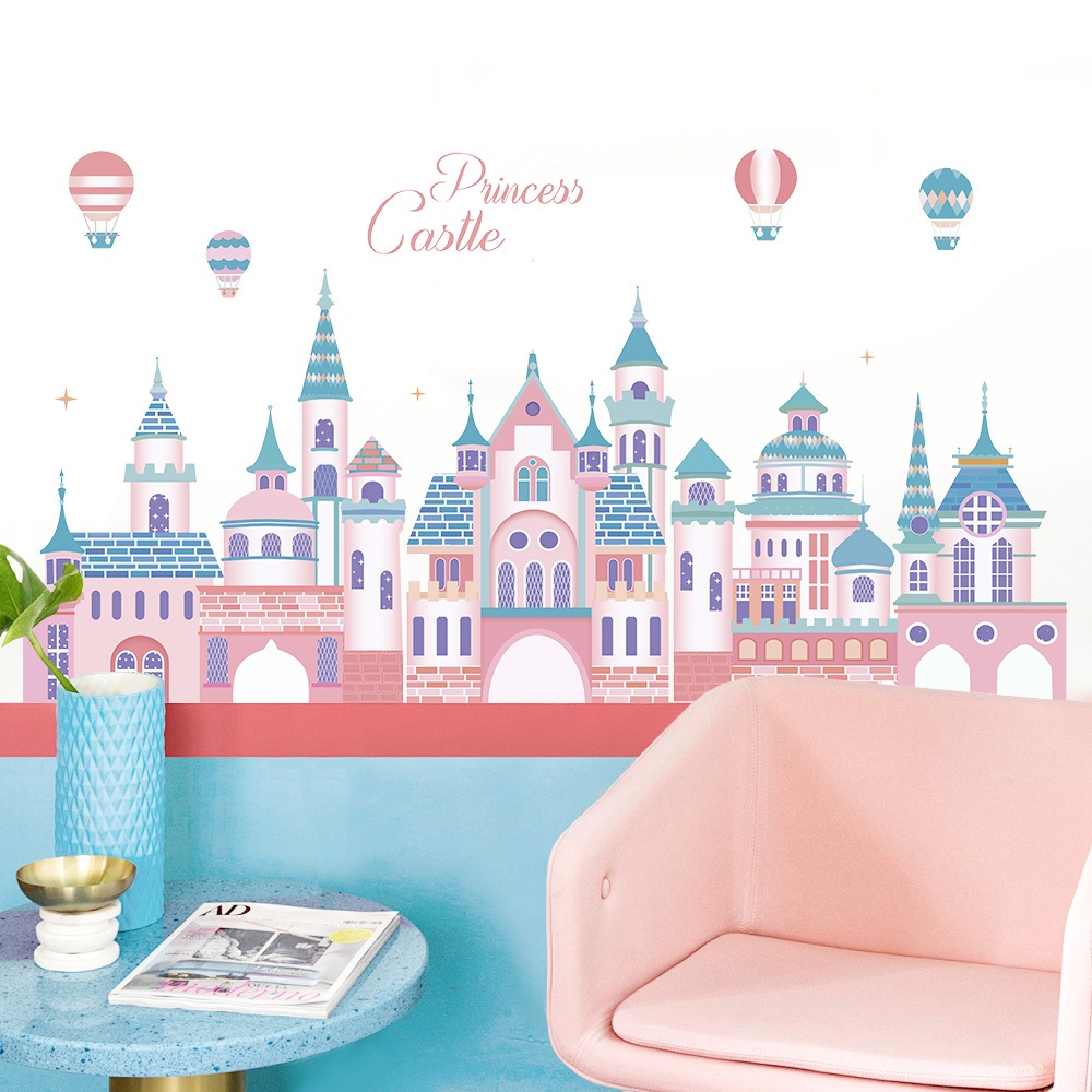 Decal Dán Tường Lâu Đài Công Chúa Màu Hồng Pastel Có Keo Sẵn 118x53cm - Trang Trí Không Gian Cho Bé