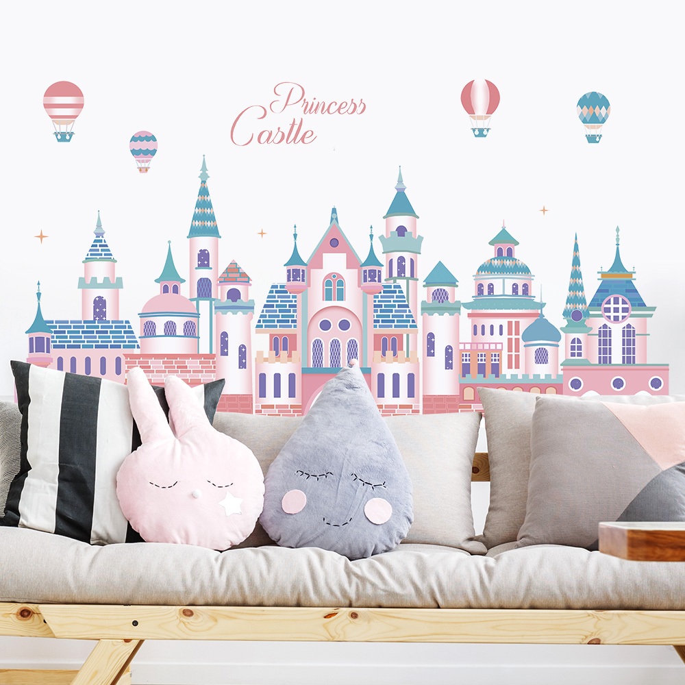 Decal Dán Tường Lâu Đài Công Chúa Màu Hồng Pastel Có Keo Sẵn 118x53cm - Trang Trí Không Gian Cho Bé