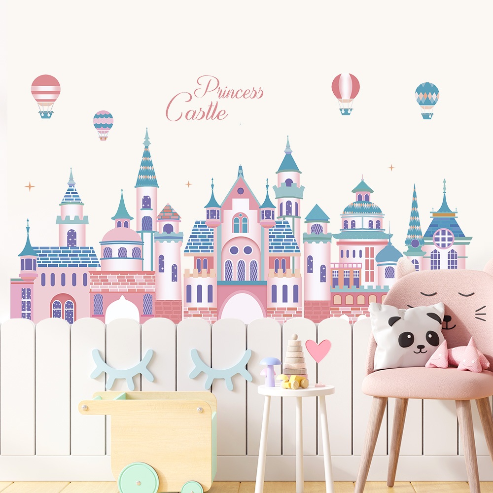 Decal Dán Tường Lâu Đài Công Chúa Màu Hồng Pastel Có Keo Sẵn 118x53cm - Trang Trí Không Gian Cho Bé