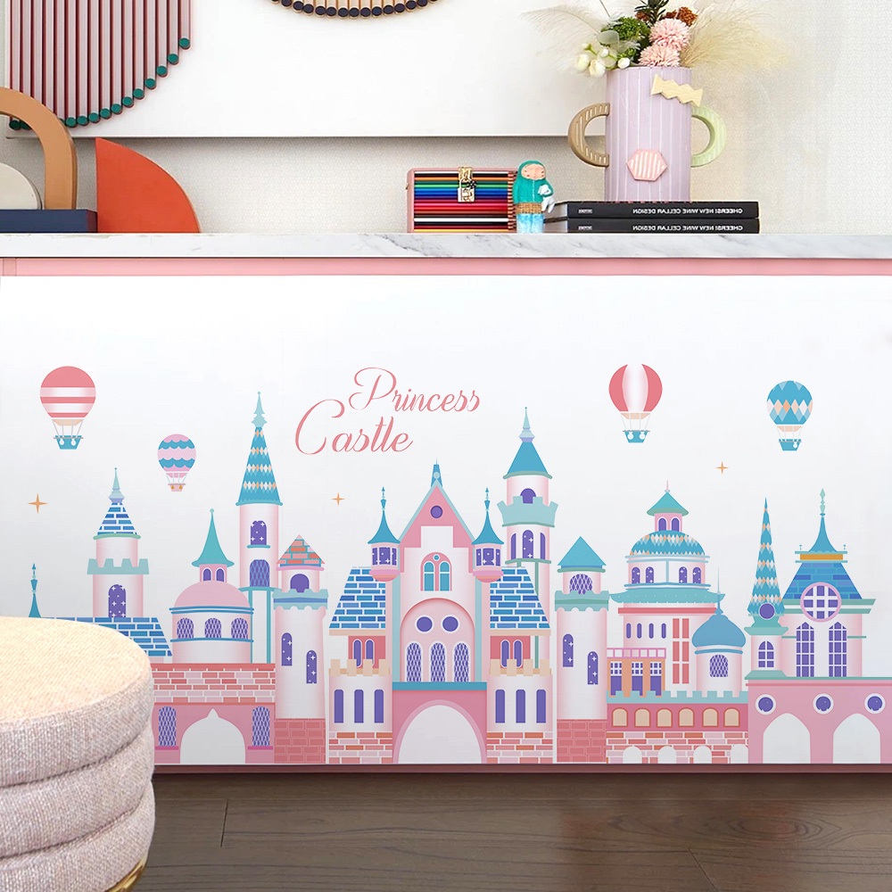 Decal Dán Tường Lâu Đài Công Chúa Màu Hồng Pastel Có Keo Sẵn 118x53cm - Trang Trí Không Gian Cho Bé