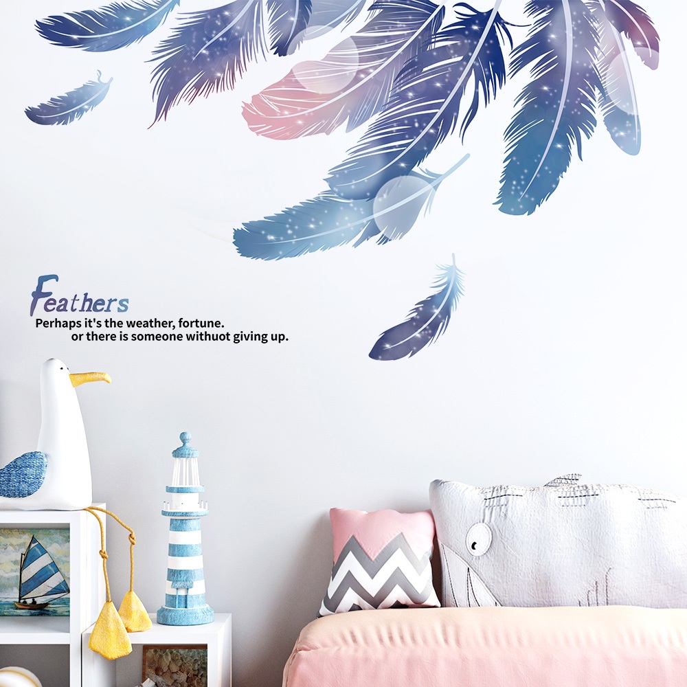Decal Dán Tường Lông Vũ Mềm Mại Màu Hologram Có Keo Sẵn 116x66cm - Trang Trí Phòng Khách Tủ Kệ