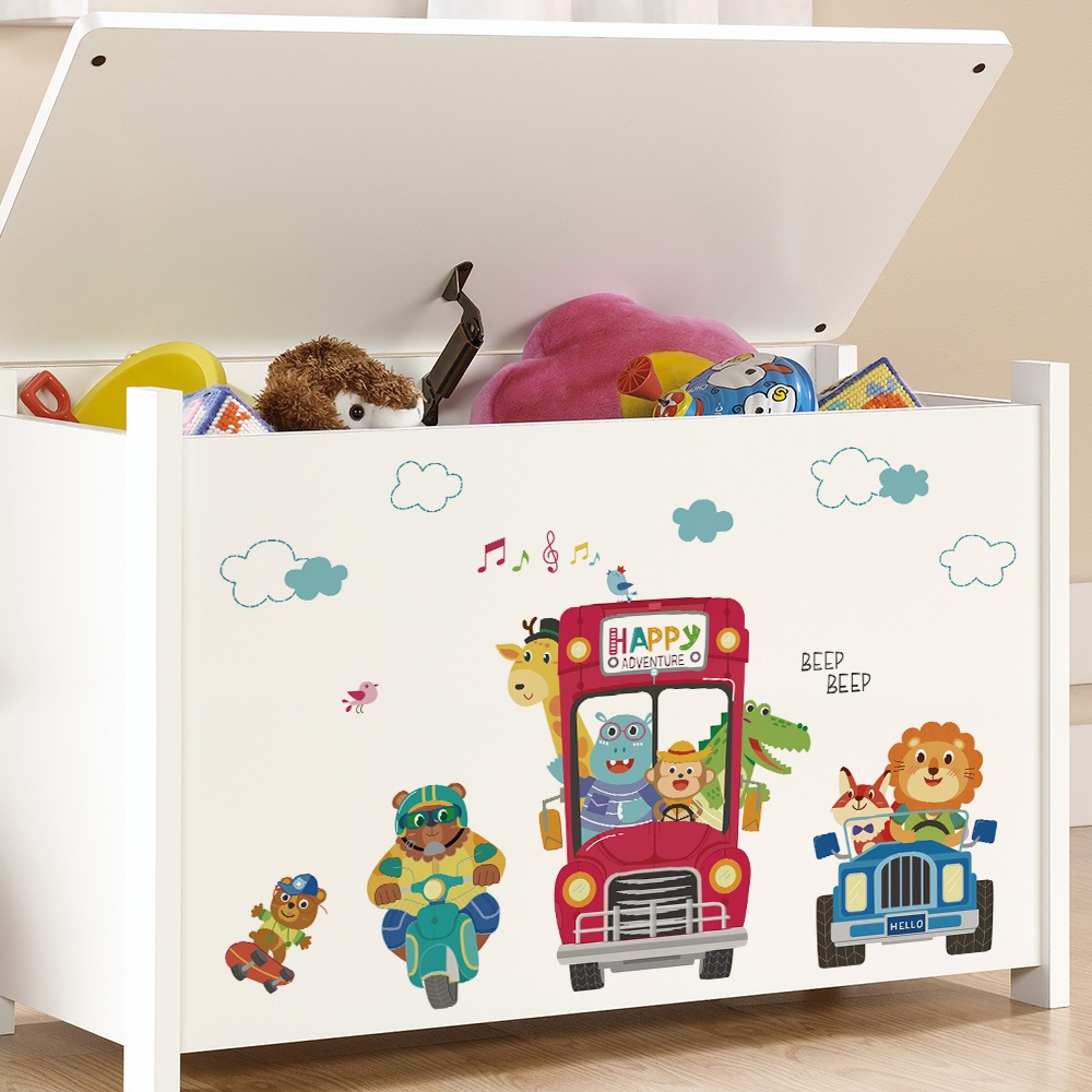 Decal Dán Tường Xe Bus Các Con Thú Hoạt Hình Có Keo Sẵn 125x80cm - Trang Trí Phòng Ngủ Bé