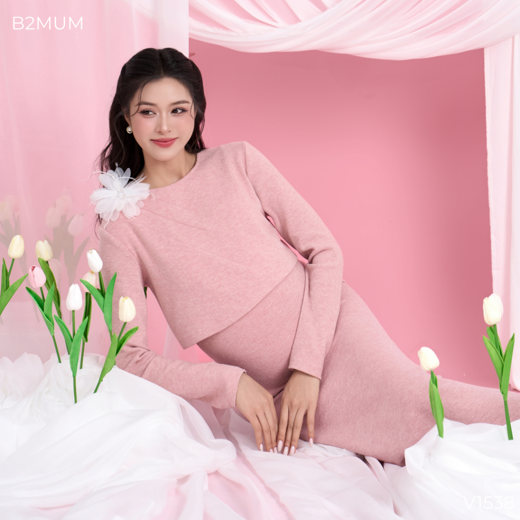 Set Váy Bầu Len Hồng Dáng Ôm Thanh Lịch,Váy 2 Dây+Áo Khoác Ngoài, Đi Làm Đi Chơi Đi Tiệc V1538 B2MUM