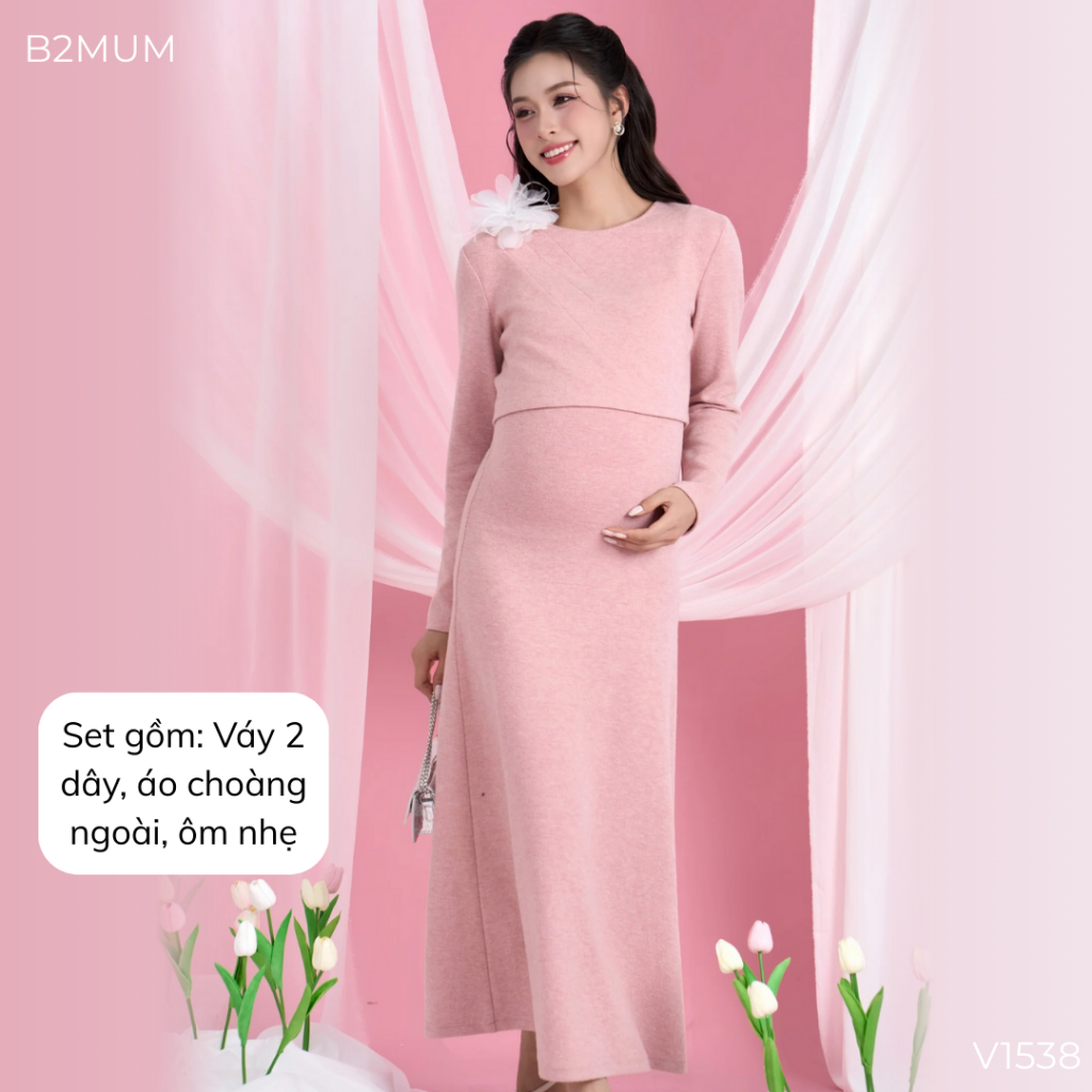 Set Váy Bầu Len Hồng Dáng Ôm Thanh Lịch,Váy 2 Dây+Áo Khoác Ngoài, Đi Làm Đi Chơi Đi Tiệc V1538 B2MUM