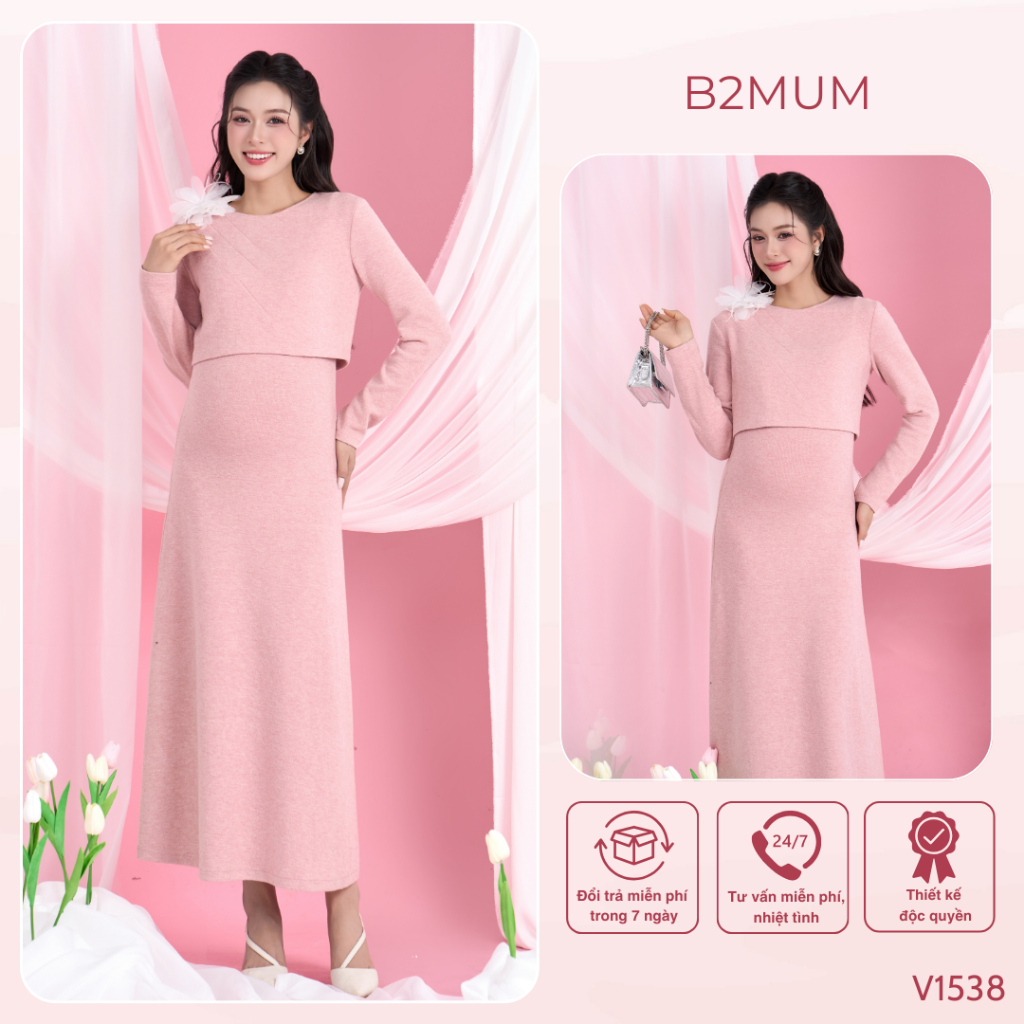Set Váy Bầu Len Hồng Dáng Ôm Thanh Lịch,Váy 2 Dây+Áo Khoác Ngoài, Đi Làm Đi Chơi Đi Tiệc V1538 B2MUM