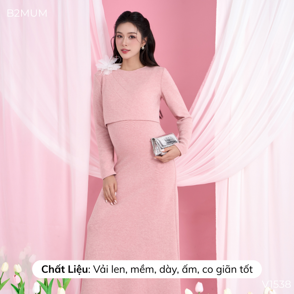 Set Váy Bầu Len Hồng Dáng Ôm Thanh Lịch,Váy 2 Dây+Áo Khoác Ngoài, Đi Làm Đi Chơi Đi Tiệc V1538 B2MUM