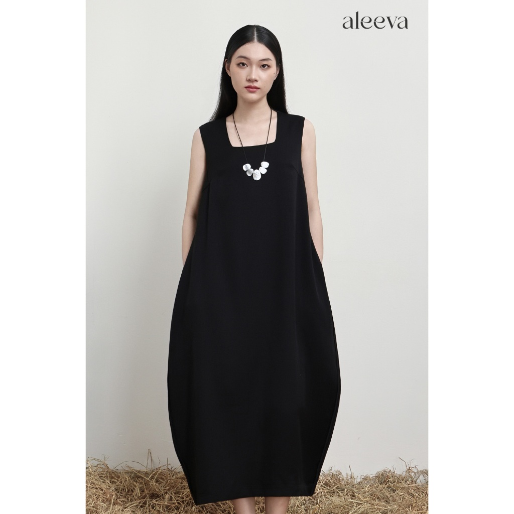 Đầm Dáng Suông ALEEVA - GUMAC Kiểu Phồng Chuông Cổ U Không Tay Chất Vân Chiếu Nhẹ Rũ 2 Lớp Có Túi EDG01061
