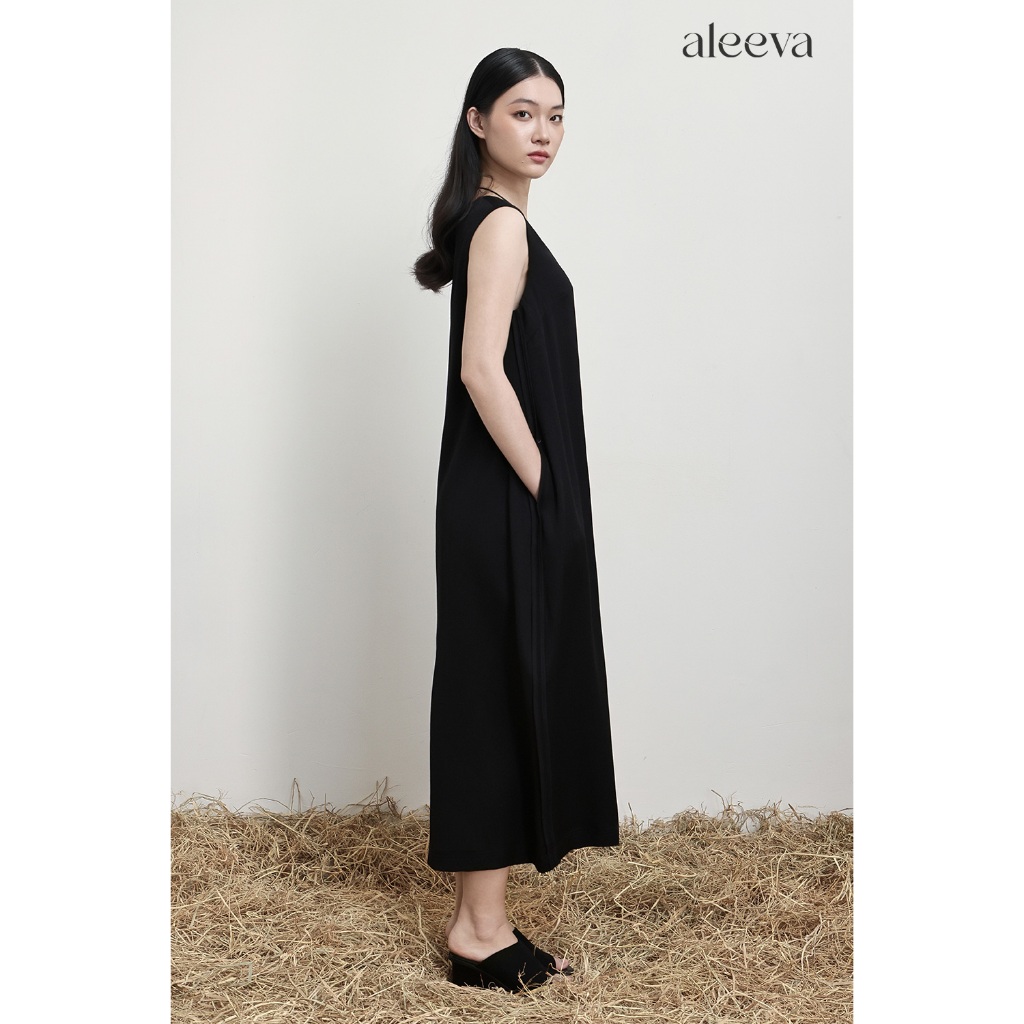 Đầm Dáng Suông ALEEVA - GUMAC Kiểu Phồng Chuông Cổ U Không Tay Chất Vân Chiếu Nhẹ Rũ 2 Lớp Có Túi EDG01061