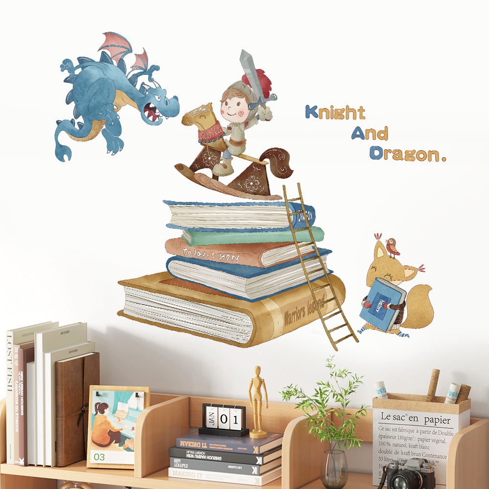 Decal Dán Tường Hiệp Sĩ Diệt Rồng Có Keo Sẵn 101x78cm - Trang Trí Phòng Cho Bé Chủ Đề Cổ Tích