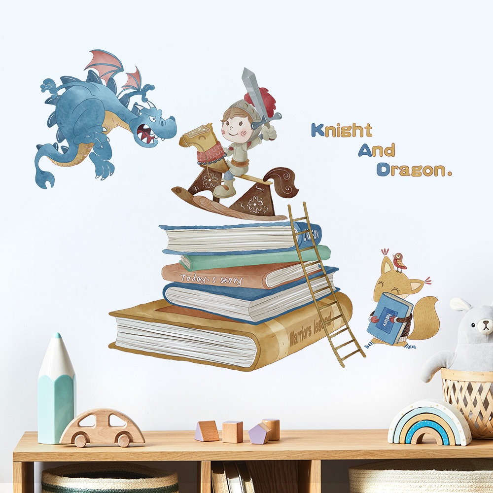 Decal Dán Tường Hiệp Sĩ Diệt Rồng Có Keo Sẵn 101x78cm - Trang Trí Phòng Cho Bé Chủ Đề Cổ Tích