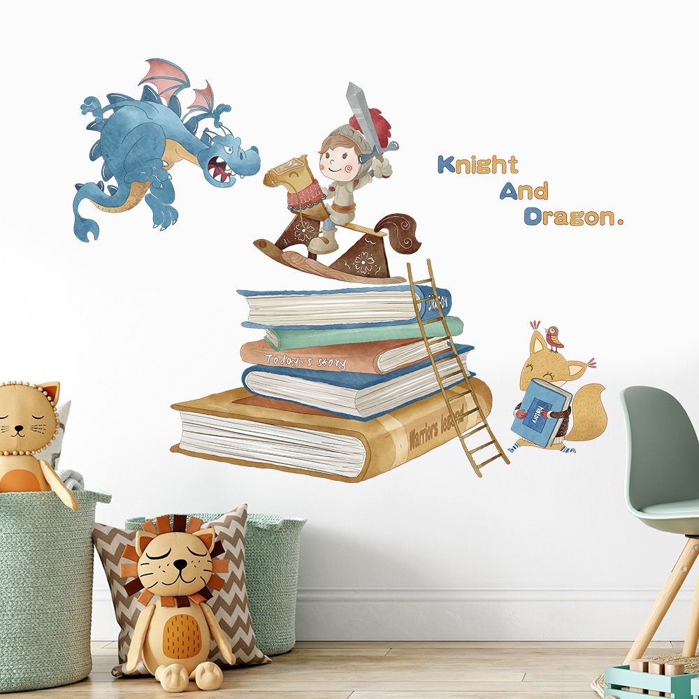 Decal Dán Tường Hiệp Sĩ Diệt Rồng Có Keo Sẵn 101x78cm - Trang Trí Phòng Cho Bé Chủ Đề Cổ Tích