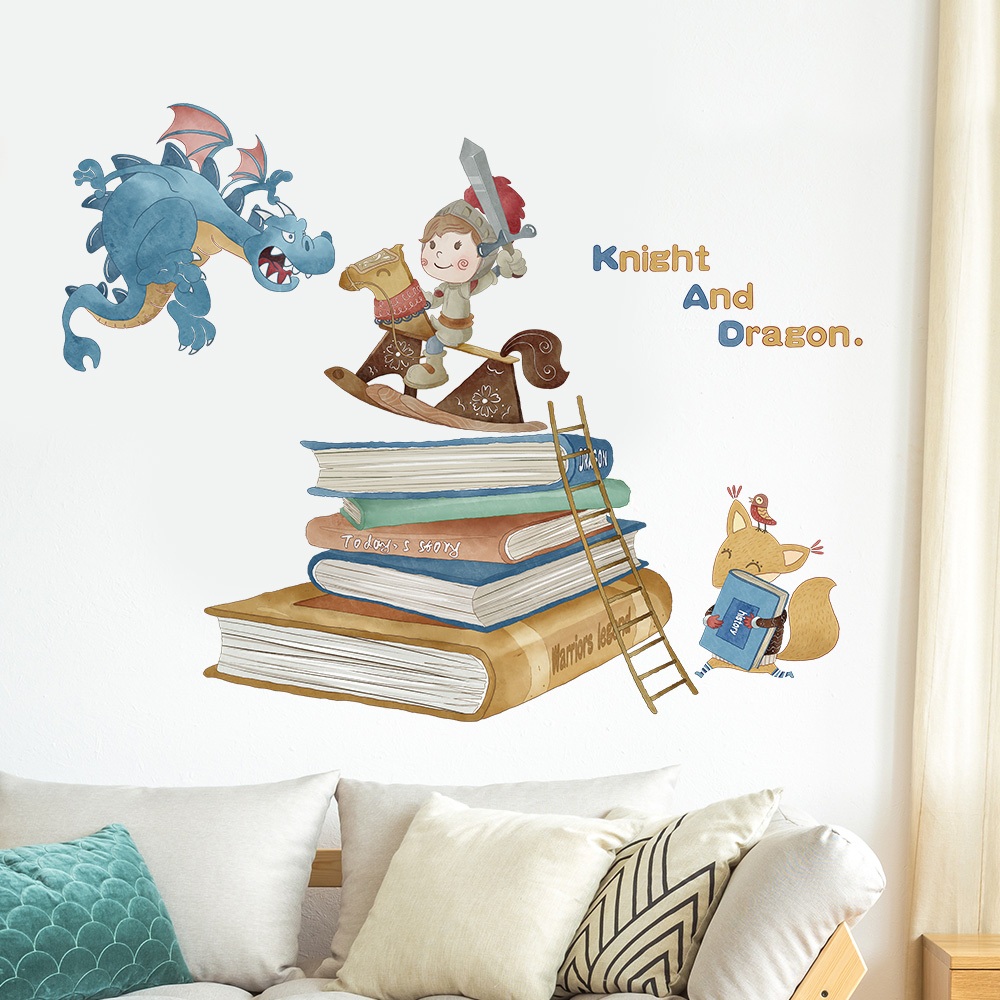 Decal Dán Tường Hiệp Sĩ Diệt Rồng Có Keo Sẵn 101x78cm - Trang Trí Phòng Cho Bé Chủ Đề Cổ Tích
