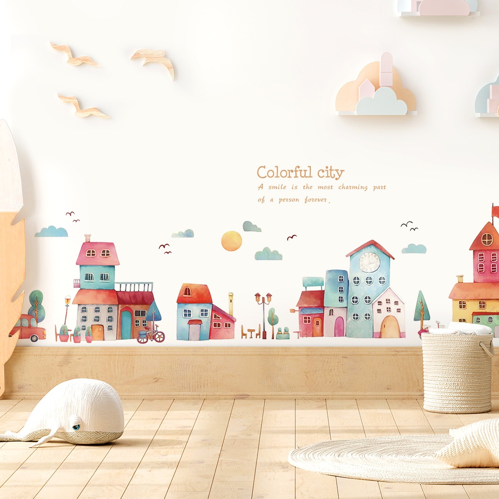 Decal Dán Tường Thành Phố Sắc Màu Có Keo Sẵn 185x60cm - Trang Trí Phòng Bé Góc Học Tập