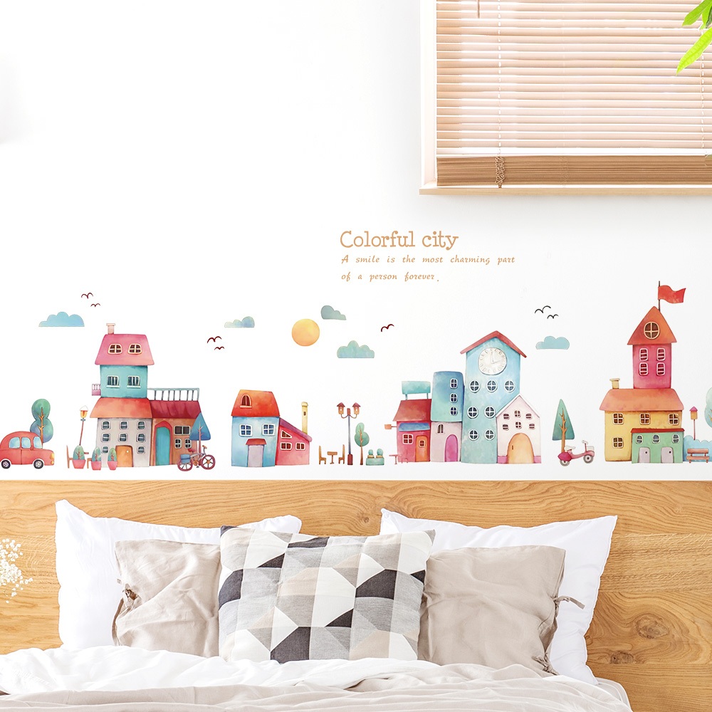 Decal Dán Tường Thành Phố Sắc Màu Có Keo Sẵn 185x60cm - Trang Trí Phòng Bé Góc Học Tập