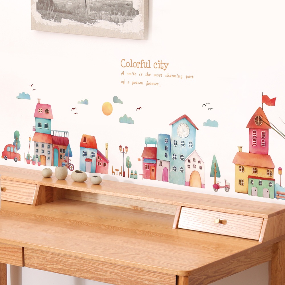 Decal Dán Tường Thành Phố Sắc Màu Có Keo Sẵn 185x60cm - Trang Trí Phòng Bé Góc Học Tập