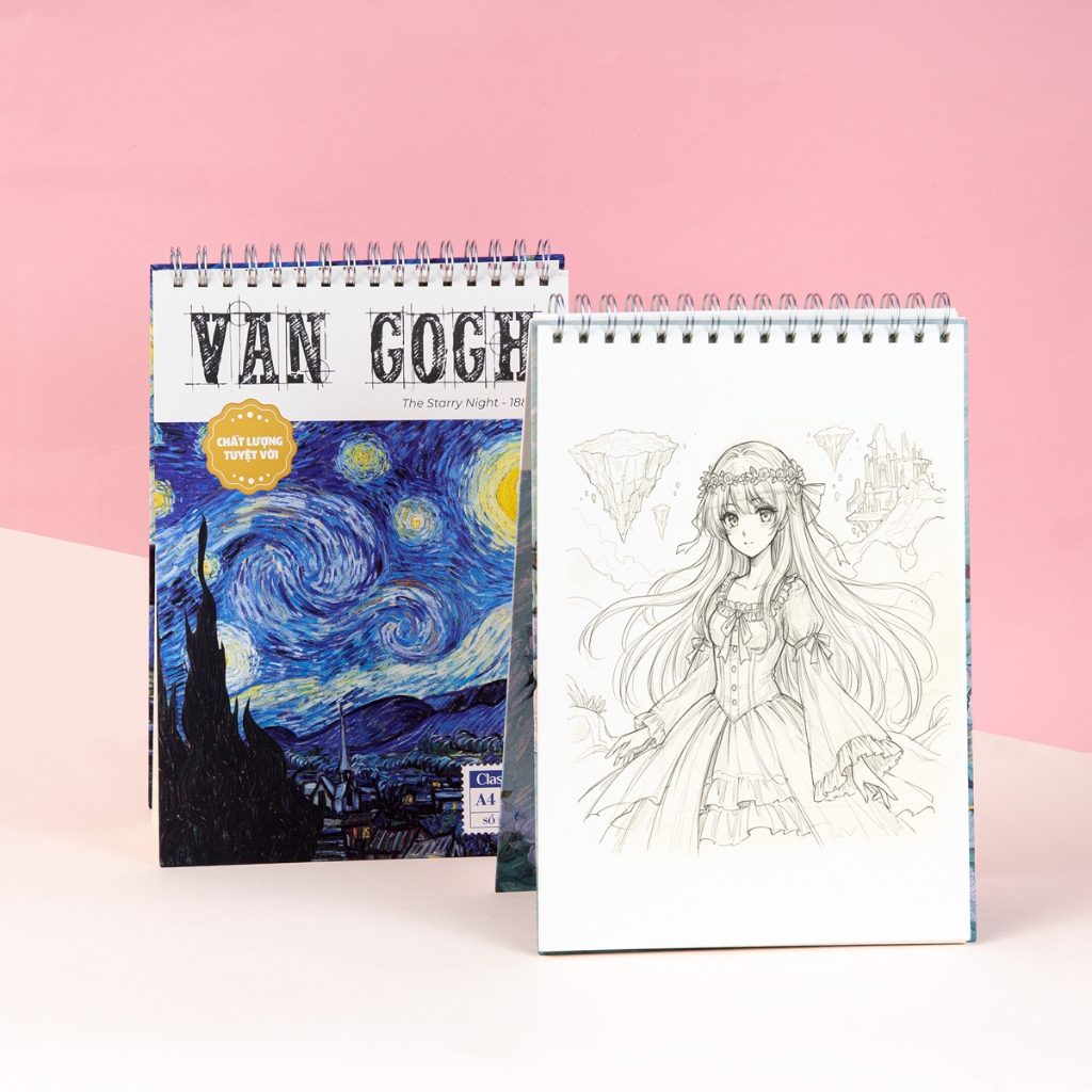Sổ Vẽ Lò Xo Sketchbook 200GSM Giấy Vân Mịn, Không Kỵ Tẩy Lên Màu Tốt, Sổ Vẽ Van Gogh A4 A5 60 Trang Vẽ Chì Màu, Acrylic