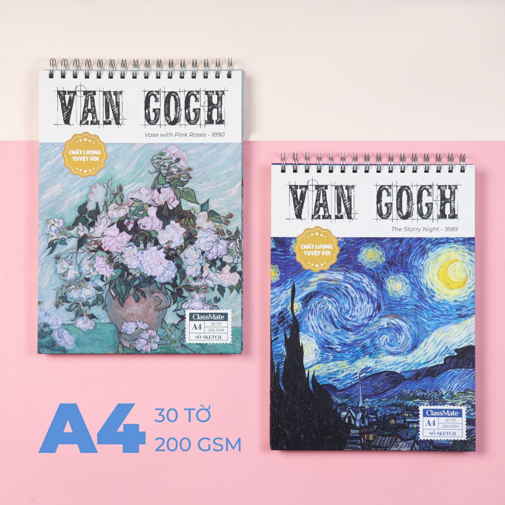 Sổ Vẽ Lò Xo Sketchbook 200GSM Giấy Vân Mịn, Không Kỵ Tẩy Lên Màu Tốt, Sổ Vẽ Van Gogh A4 A5 60 Trang Vẽ Chì Màu, Acrylic