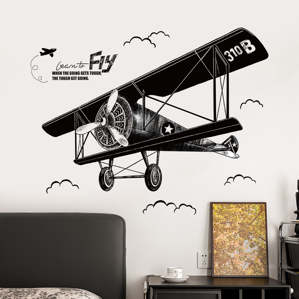 Decal Dán Tường Máy Bay Vintage Đen Trắng Có Keo Sẵn 130x102cm - Trang Trí Phòng Làm Việc