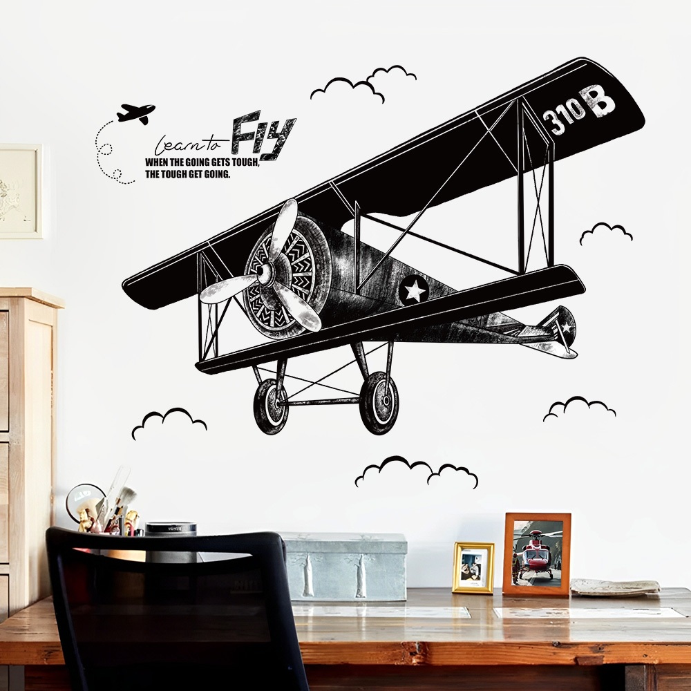Decal Dán Tường Máy Bay Vintage Đen Trắng Có Keo Sẵn 130x102cm - Trang Trí Phòng Làm Việc