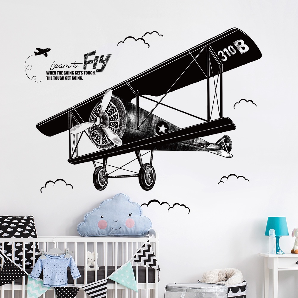 Decal Dán Tường Máy Bay Vintage Đen Trắng Có Keo Sẵn 130x102cm - Trang Trí Phòng Làm Việc
