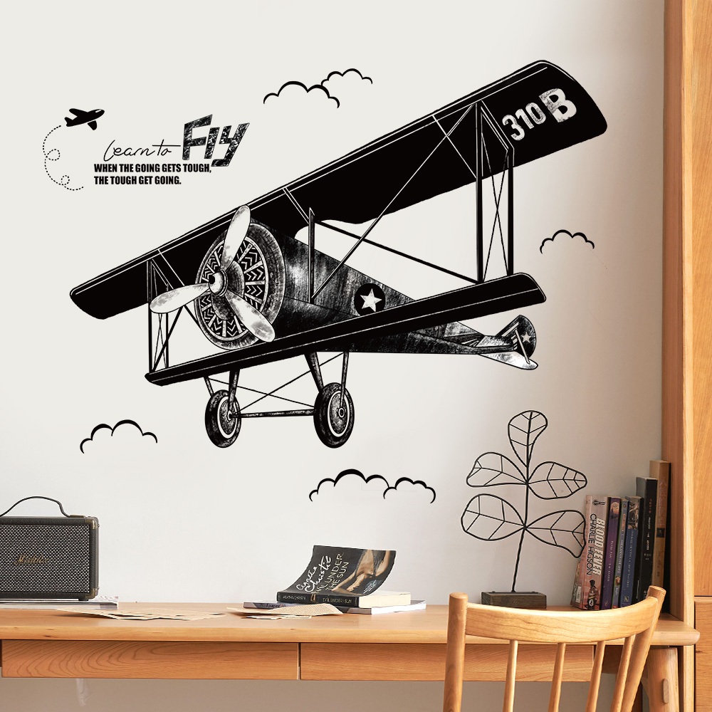 Decal Dán Tường Máy Bay Vintage Đen Trắng Có Keo Sẵn 130x102cm - Trang Trí Phòng Làm Việc