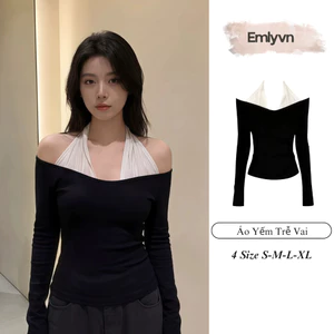 EMLY- Áo Yếm Nữ Phối Trễ Vai Dài Tay Chất Zip Co Dãn 4 Chiều, Áo Trễ Vai Kiểu Mùa Thu Đông