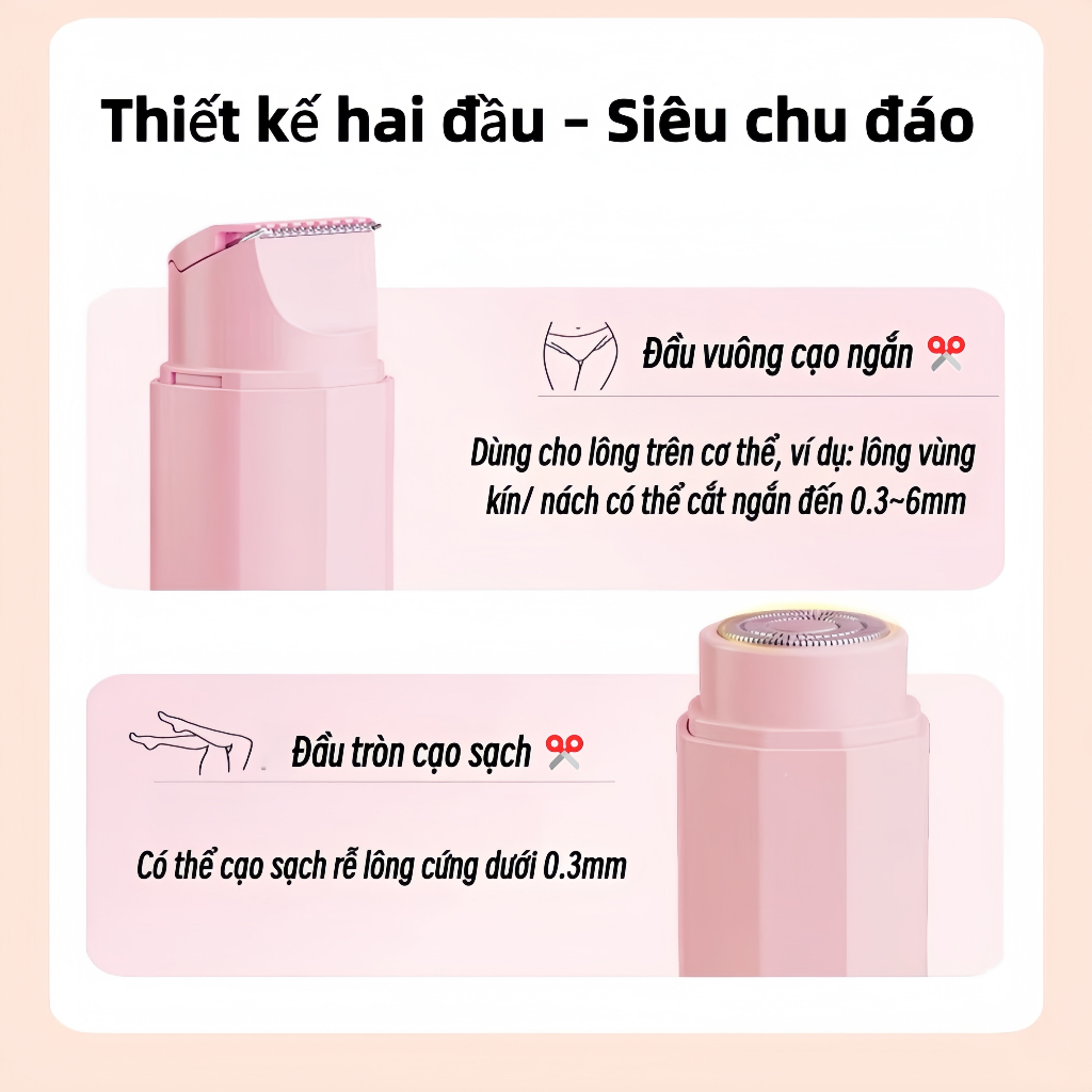 Máy cạo lông 2 đầu đa năng, chống nước an toàn cho nữ, dùng cho vùng kín & toàn thân