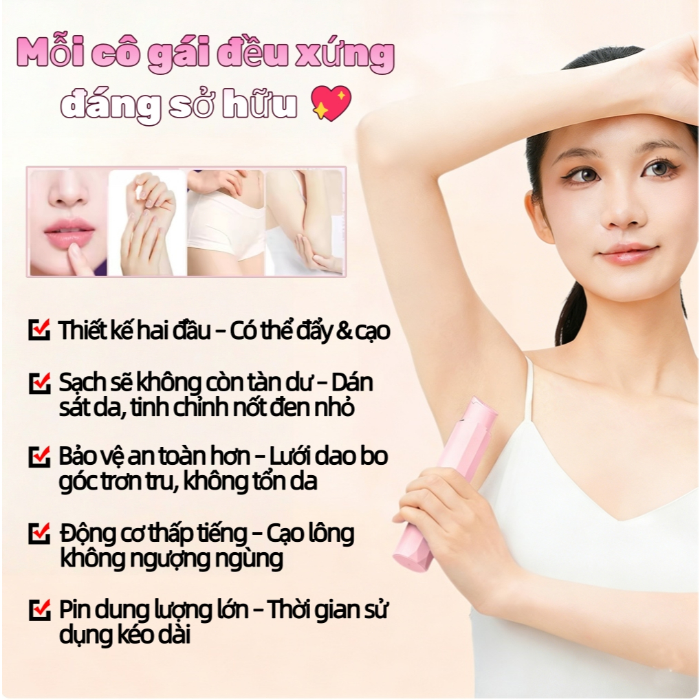 Máy cạo lông 2 đầu đa năng, chống nước an toàn cho nữ, dùng cho vùng kín & toàn thân