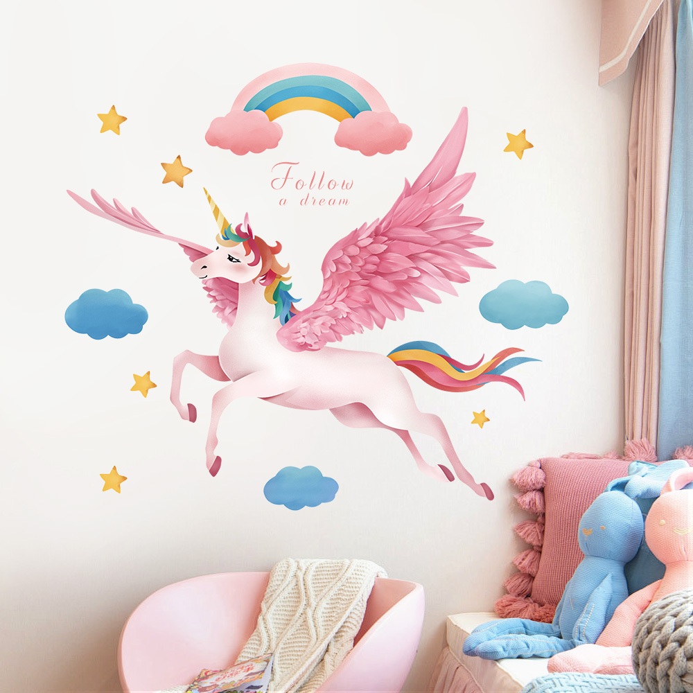 Decal Dán Tường Kì Lân Unicorn Hoa Lá Nghệ Thuật Có Keo Sẵn 98x87cm - Trang Trí Phòng Ngủ Cho Bé