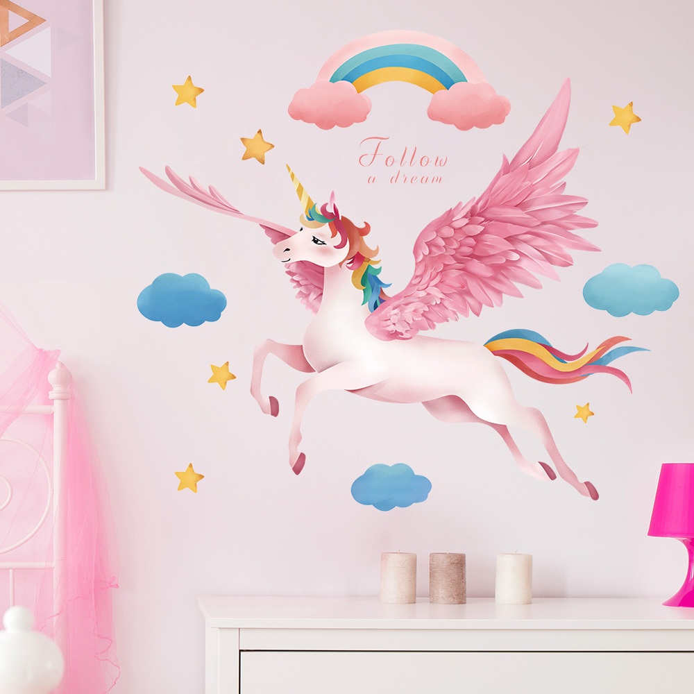 Decal Dán Tường Kì Lân Unicorn Hoa Lá Nghệ Thuật Có Keo Sẵn 98x87cm - Trang Trí Phòng Ngủ Cho Bé