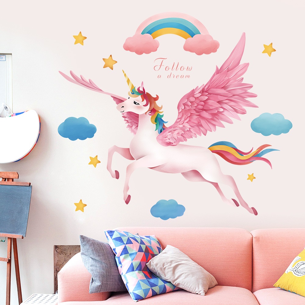 Decal Dán Tường Kì Lân Unicorn Hoa Lá Nghệ Thuật Có Keo Sẵn 98x87cm - Trang Trí Phòng Ngủ Cho Bé