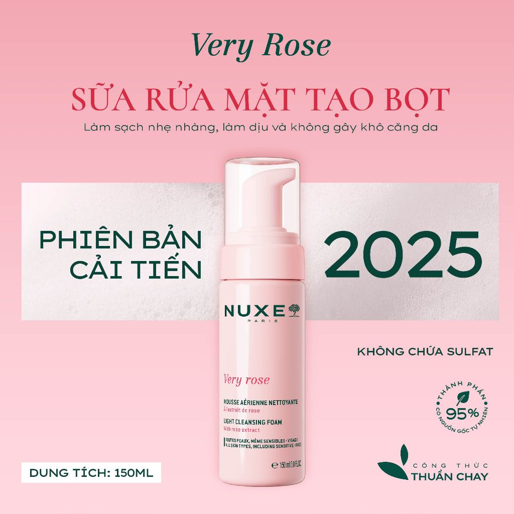 Sữa Rửa Mặt Tạo Bọt Dịu Nhẹ Cho Mọi Loại Da Chiết Xuất Hoa Hồng Nuxe Very Rose 150ml