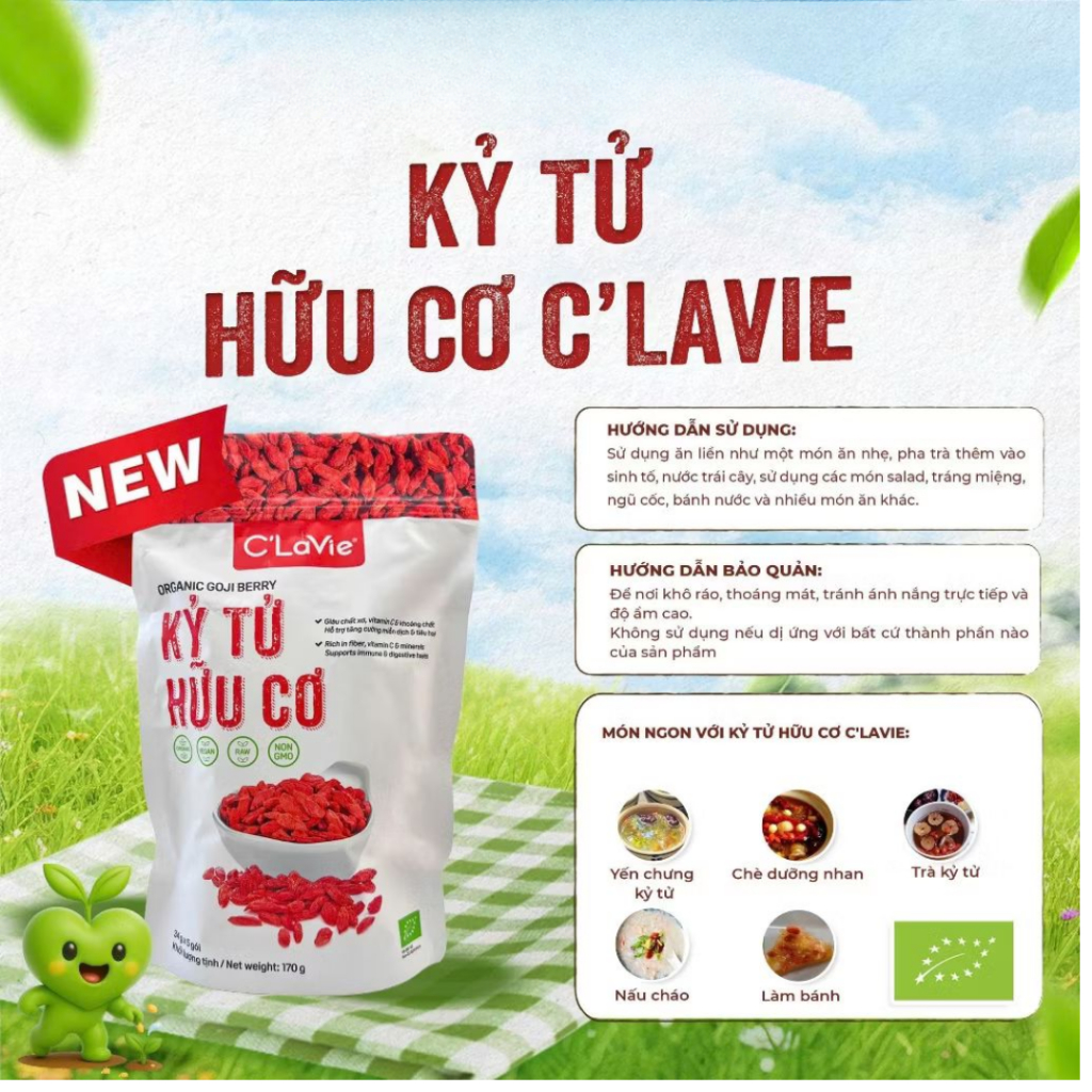 Táo đỏ hữu cơ 450g ,kỷ tử hữu cơ 170g C'LaVie  thượng hạng dùng ăn trực tiếp, nấu ăn, pha trà detox
