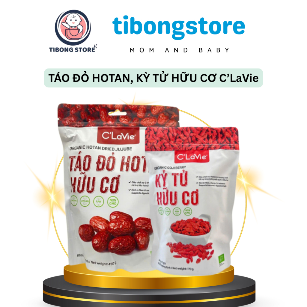 Táo đỏ hữu cơ 450g ,kỷ tử hữu cơ 170g C'LaVie  thượng hạng dùng ăn trực tiếp, nấu ăn, pha trà detox