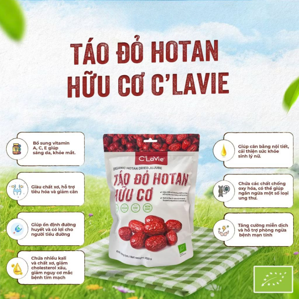Táo đỏ hữu cơ 450g ,kỷ tử hữu cơ 170g C'LaVie  thượng hạng dùng ăn trực tiếp, nấu ăn, pha trà detox
