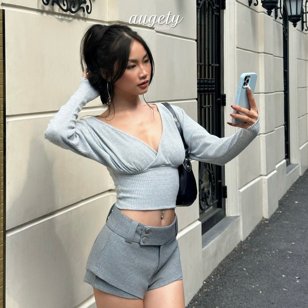 Áo Tay Dài Cổ Tim Vạt Đắp Chéo Bo Eo Thun Gân Mềm Augety Studio, SERI TOP