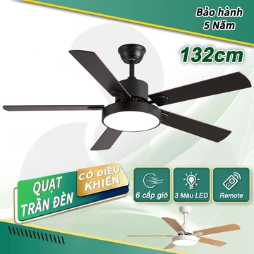 Quạt trần phòng khách cánh gỗ quạt trần đèn 3 màu tốc độ gió 6 tốc độ kèm Remote 106/122/132cm