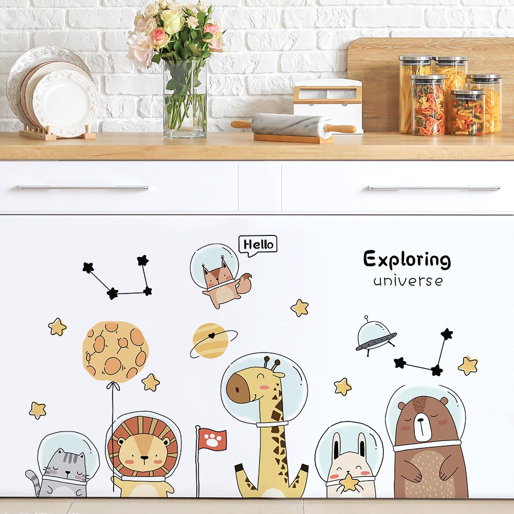 Decal Dán Tường Động Vật Phi Hành Gia Có Keo Sẵn 117x68cm - Trang Trí Phòng Trẻ Em