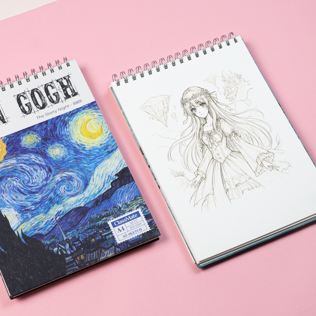 Sổ Vẽ Lò Xo Sketchbook 200GSM Giấy Vân Mịn, Không Kỵ Tẩy Lên Màu Tốt, Sổ Vẽ Van Gogh A4 A5 60 Trang Vẽ Chì Màu, Acrylic